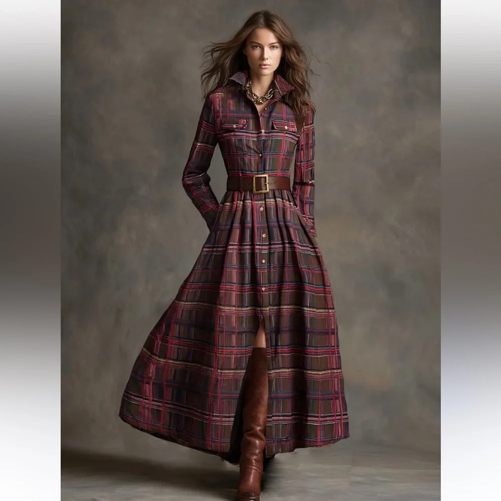 Oyrosy Retro Ethnic Style Lapel Reddish Brown Plaid Maxi Dress size S - Picture 2 of 11